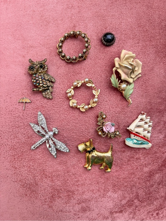 Jewelry - VTG Brooch Pin lot owl Scottie rose ship pear rhinestone enamel gold silver jet